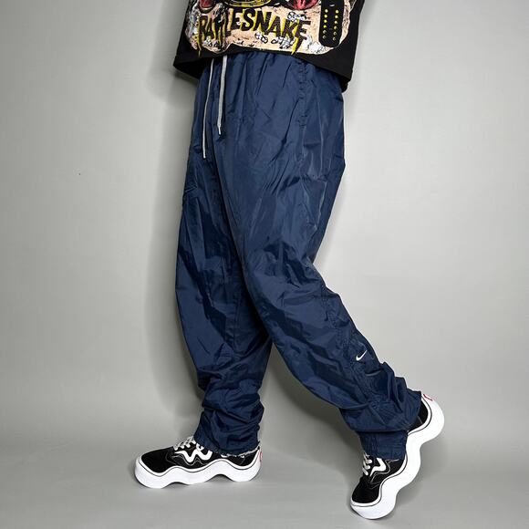Vintage Y2K Nike Track Pants Mens XL Navy Blue Nylon Sweatpants White Swoosh - Picture 1 of 5